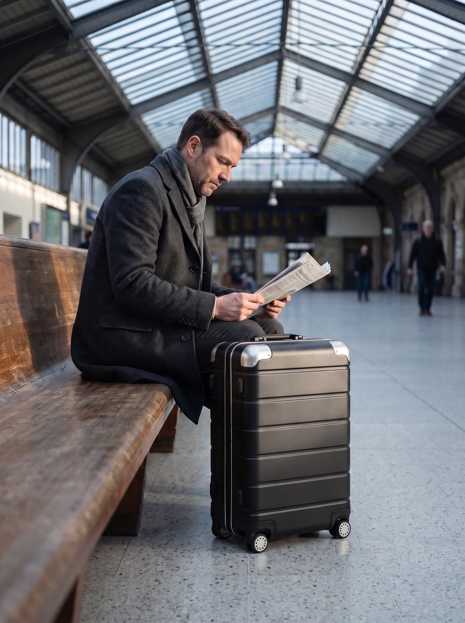 A black Vantier Transit case beside a man reading on a station bench