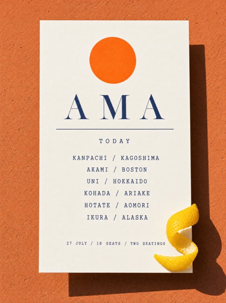 The Ama catch card for 27 July: six fish, each with its port, on cream stock against terracotta