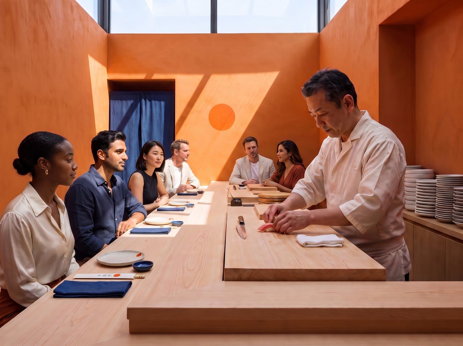 The chef shaping nigiri behind the counter while six guests watch from their seats, hard midday light on orange plaster