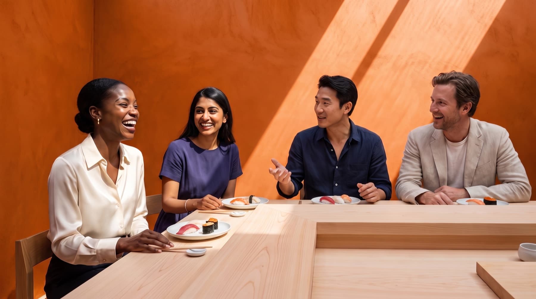Four guests at the counter mid-conversation in hard midday light