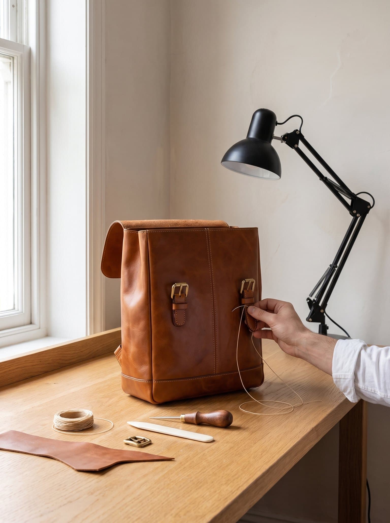 A Vantier Satchel on an oak bench, one strap being saddle-stitched by hand