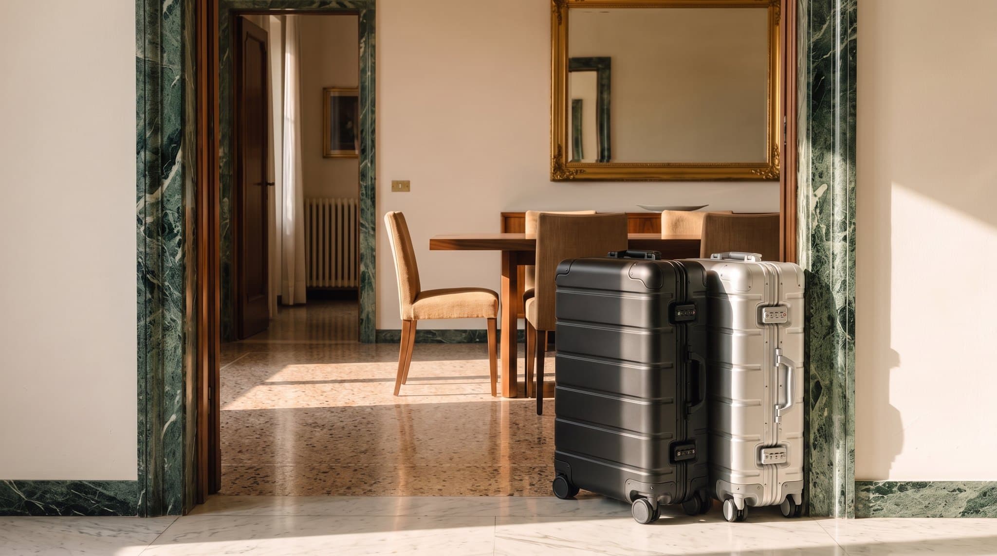 A black Nomad and a silver Voyager set down inside the doorway of a villa dining room
